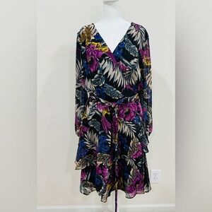 Tahari Arthur S Levine Size 16 Black Multicolor Floral Tiered Dress Long Sleeves